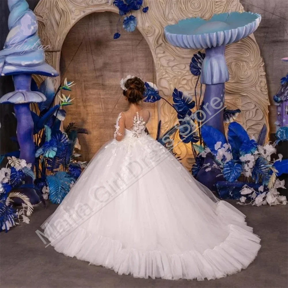 白ふわふわエレガントなフラワーガールドレス結婚式花レースアップリケ女の子の誕生日ドレス写真撮影用カスタマイズ