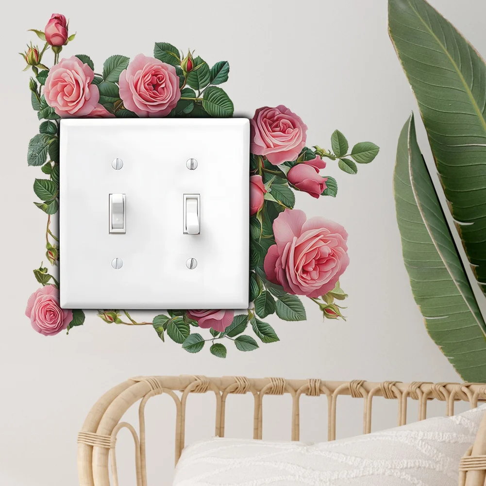 PVC-Based Pink Rose Wall Sticker for Light Switch and Outlet Plate Decoration Indoor Use on Smooth Flat Surfaces