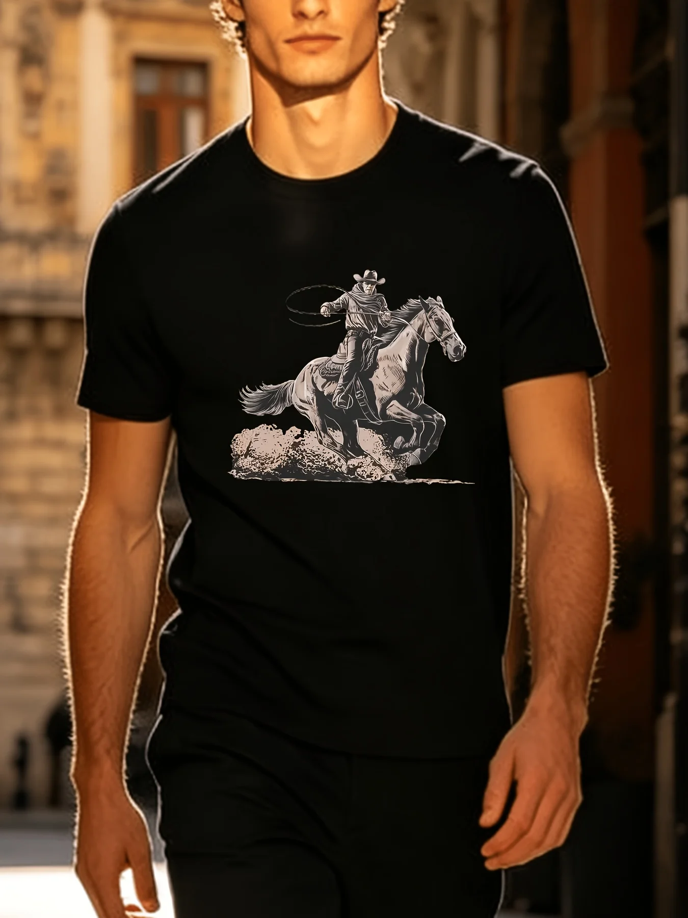 Men's Western Cowboy Competition Printed T-Shirt - Short-Sleeve Round-Neck Cowboy Competition T-Shirt, Machine Washable Casual Outdoor Apparel, Suitable for Street Wear, Ranch Work, Events, and Everyday Use, Not a Shirt Style