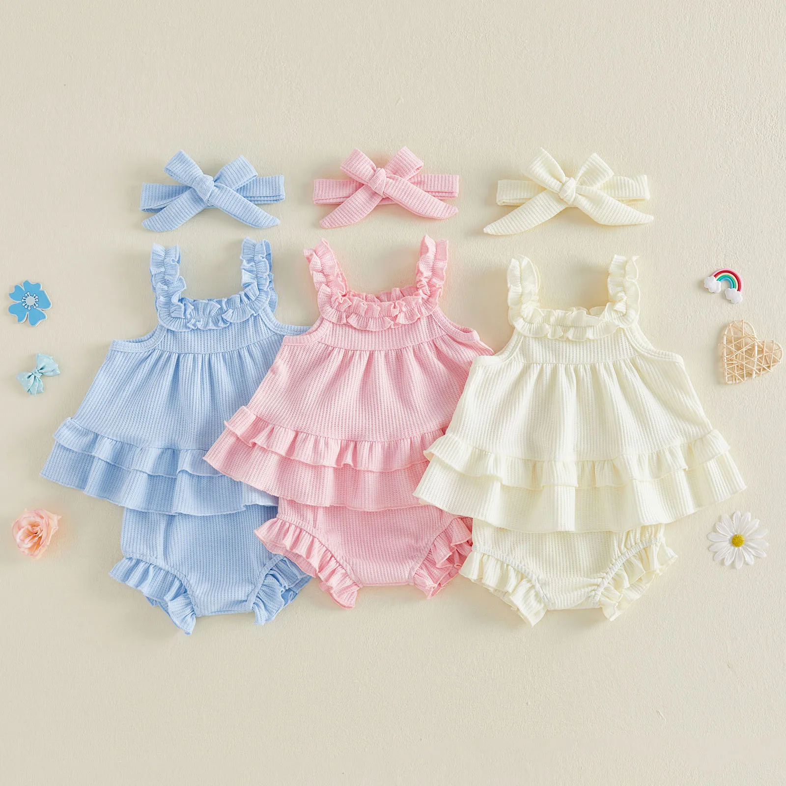 0-24M Baby Girl Summer Outfits Solid Color Waffle Sleeveless Bodydoll Tops PP Shorts Headband 3Pcs Clothes Sets