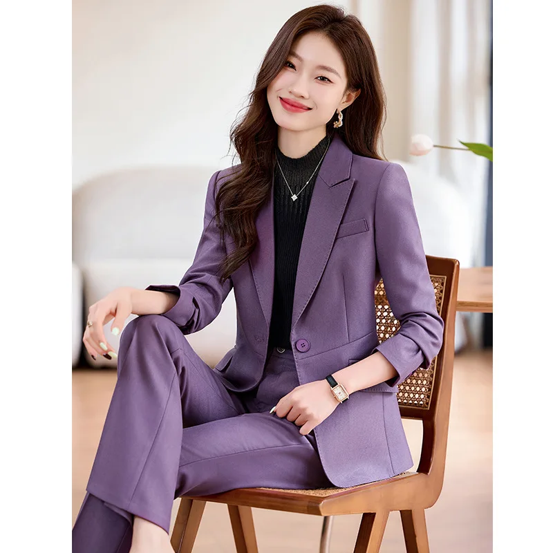 

2025 New High End Slim Fit Temperament Purple Suit Office and Capable Goddess Style Micro Flared Pants Fashionable Set