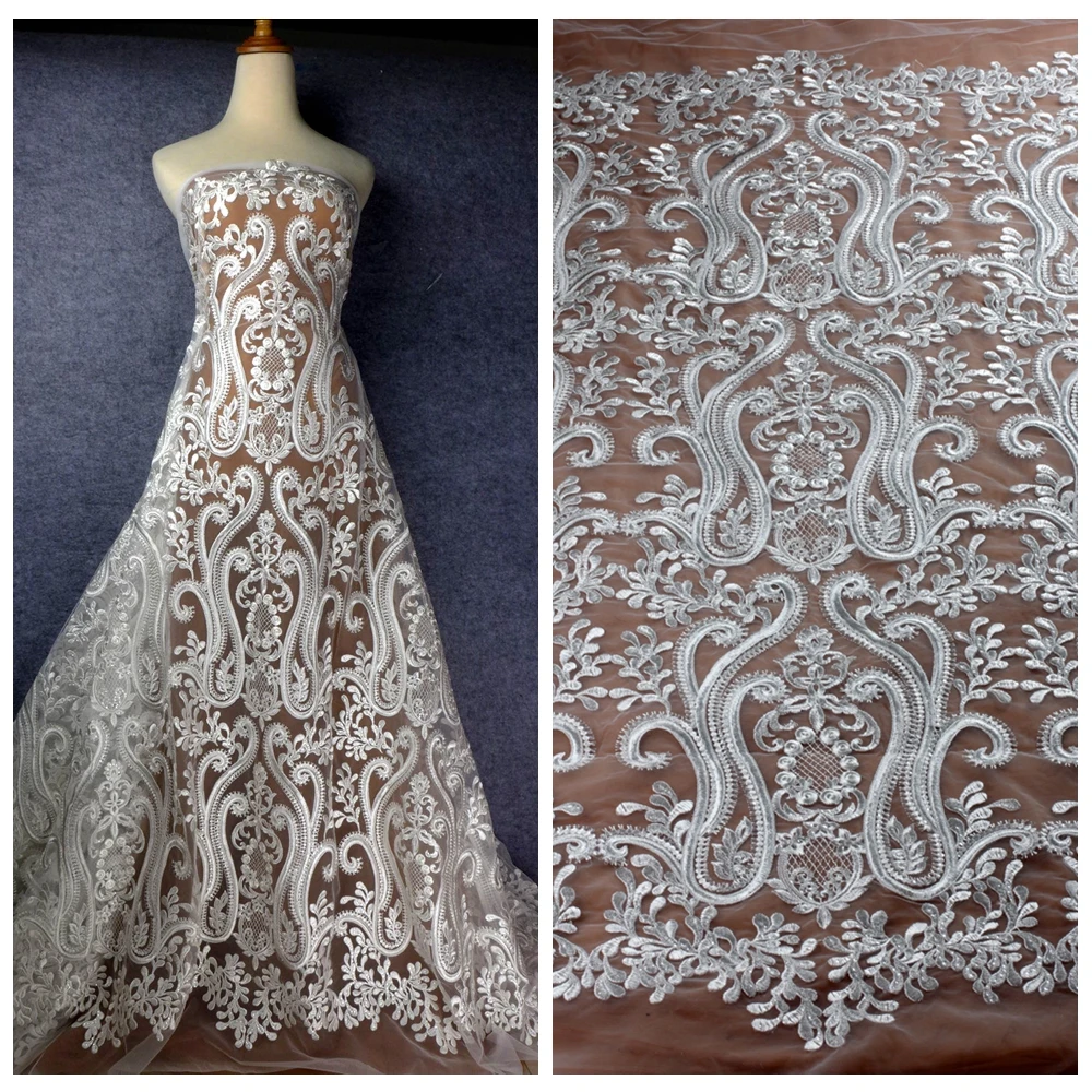 New fashionable and exquisite white plain embroidered sequin mesh lace wedding dress dress fabric