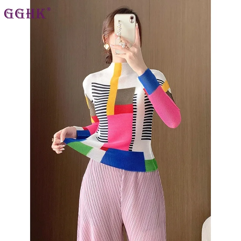 GGHK Pleated Women Casual T-Shirt Round Neck Long Sleeve Colorblocking Design Loose Stretch Fashion Casual Female Tops 2025 New