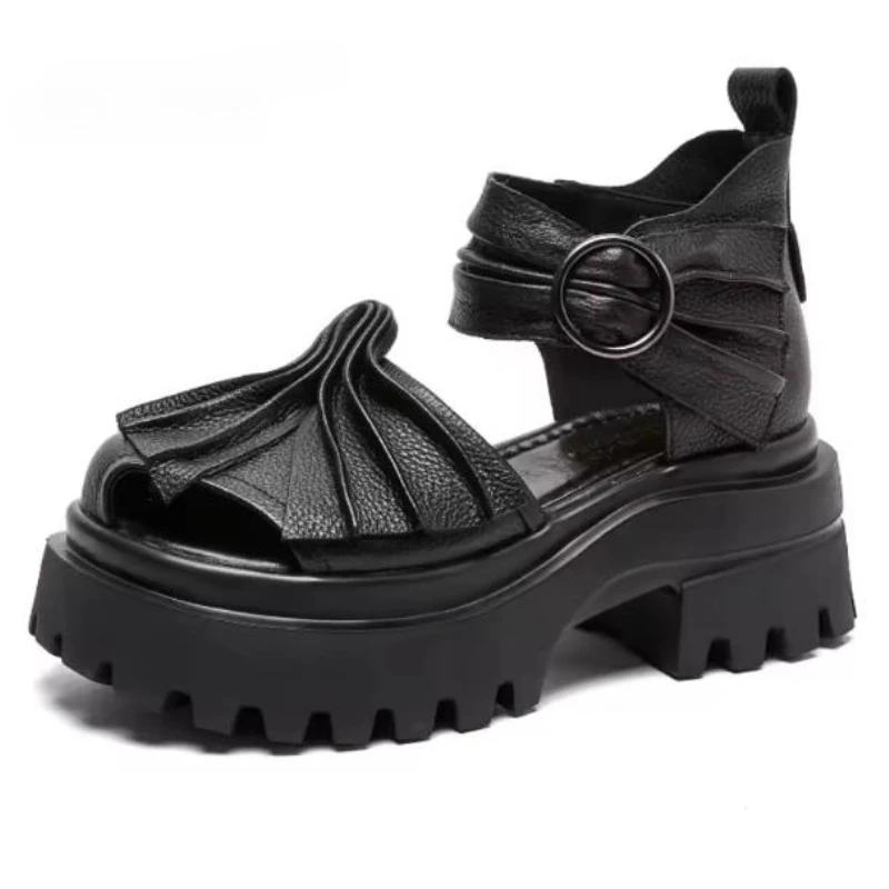2026 New 7cm Cow Genuine Leather Pumps Chunky Heels Fashion Hook Platform Wedge Summer Comfy Hollow Shoes Mary Jane Women