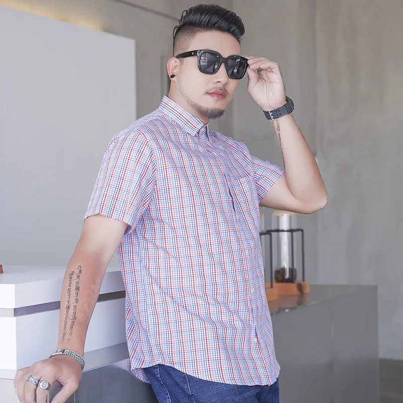 Summer Men's Short Sleeve Shirt Plus Size Loose Business Casual Color Woven Checkered Shirt