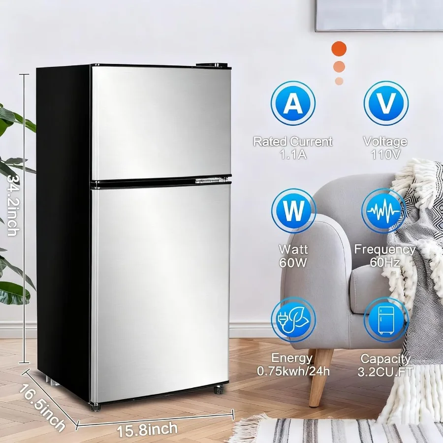 ثلاجة صغيرة مدمجة ببابين 3.2 قدم مكعب مع فريزر للشقة والمكتب والسكن العائلي ومرآب الطابق السفلي يستخدم فضي موفر للطاقة