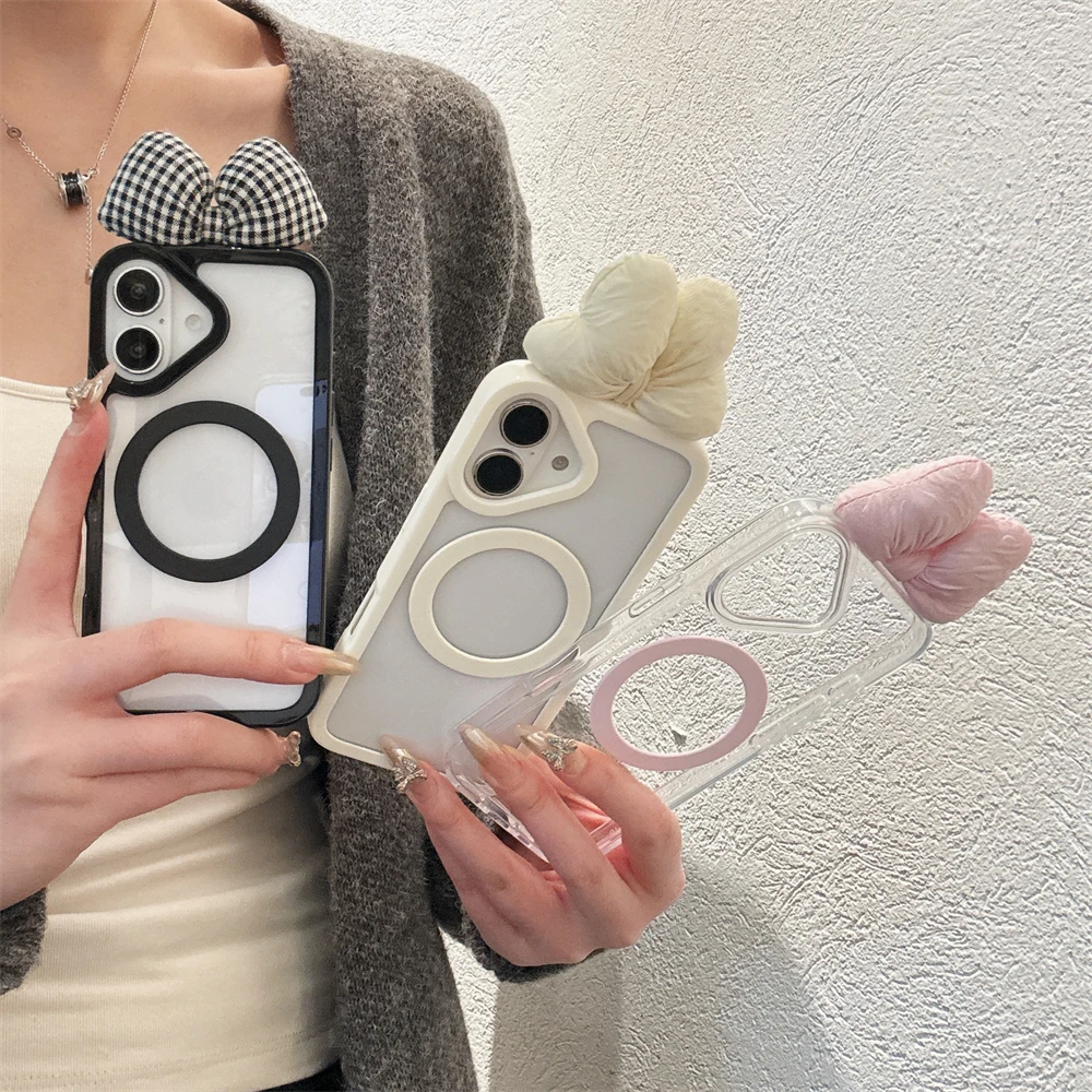 Magnetic Luxury Transparent Acrylic Phone Case For iPhone 16 14 11 13 12 15 Pro Max For Magsafe Wireless Charge Bowknot Cover