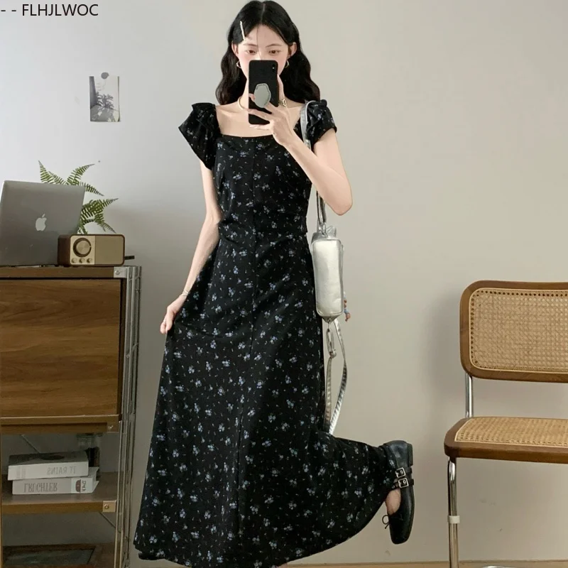Shirring Slim Waist A Line Long Dresses New Fashion Women Short Sleeve Holiday Date Japan Girls Floral Print Retro Vintage Dress