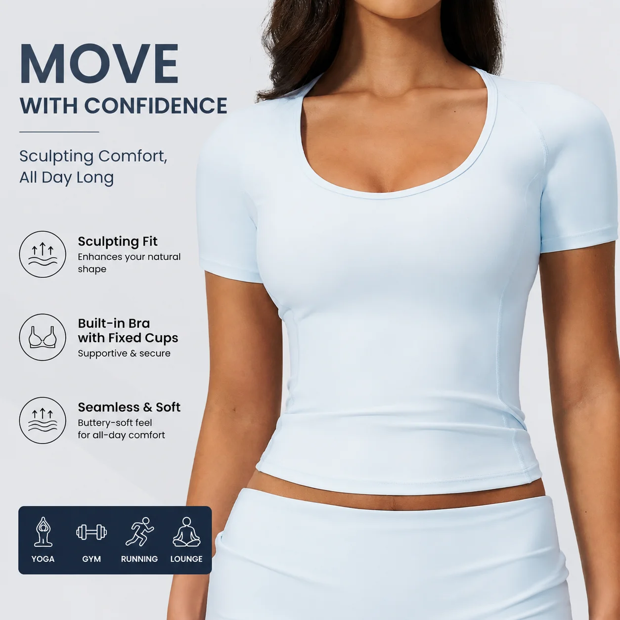 Premium Women's Short Sleeve Scoop Neck Workout Top Sculpting Athletic T-shirt with Built-in Bra Fixed Cups Seamless Gym Tee Si