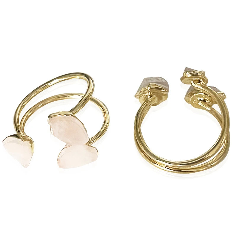 Three Stones Irregular Rose Quartz Open Ring for Women Girls Gold-color Boho Rough Pink Crystal Finger Jewelry Resizable