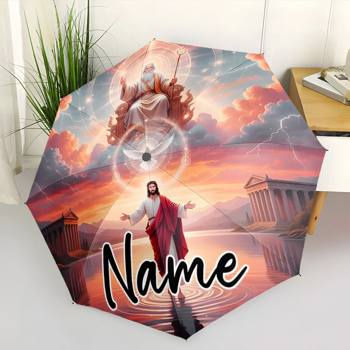 Custom Name Divine artwork umbrella with spiritual design Print 8 Iron Ribs Folding Umbrella Auto-Open Fashion Sunshade