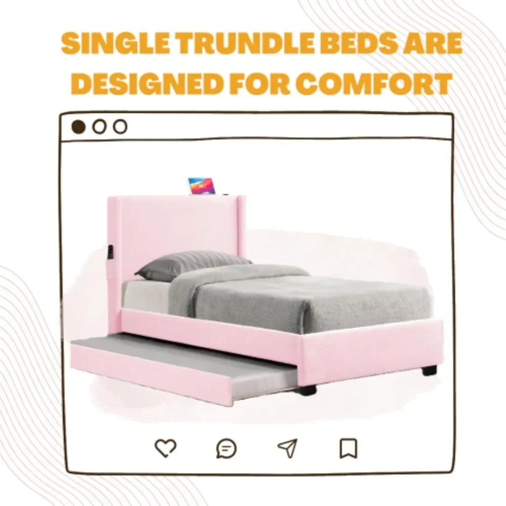 Twin Size Bed Frame with Removable Trundle，USB Functionality, Single Bed，Bedroom Furniture，No Box Spring Required，Bed Frame