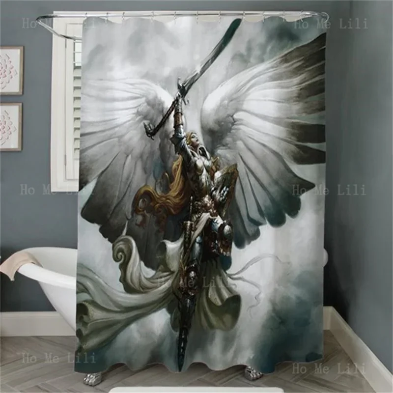 The Handsome Angel Knight Dance With Sword And Its Big Feathers Open Grey White Picture Of Shower Curtain Hooks Included