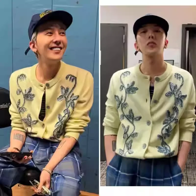 Latest Korean G-Dragon Same Style Power Clothes Red Splicing Thousand Bird Grid Small Fragrant Style Knitted Sweater Jacket Top