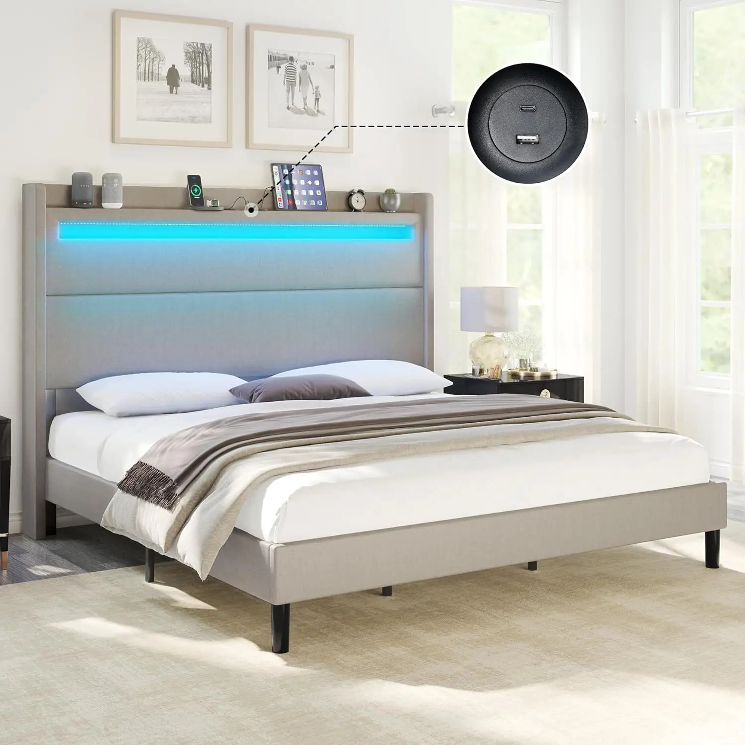 King Bed Frame w/ LED Lights & Wingback Headboard, Upholstered Platform Bed w/ USB & USB-C Ports, No Box Spring Needed/Noise