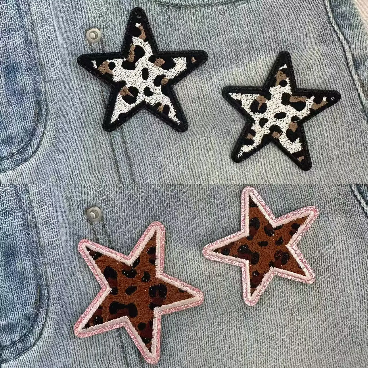 6PCS Leopard Print Star Designed Embroidered Patches, Glitter Leather Themed Iron On Fabric Patches, Clothing DIY Accessories