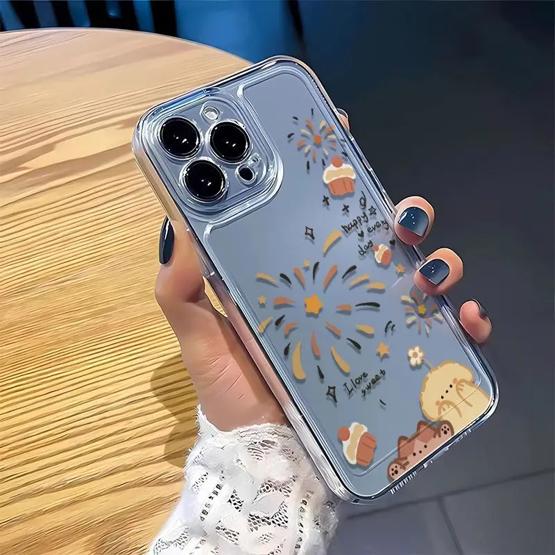 New Ins Good Luck Fireworks Phone Case For iPhone 15 14 13 12 11 Pro Max XR X XS 14 15 7 8 Plus Y2K Happy Anti Fall Clear Cover