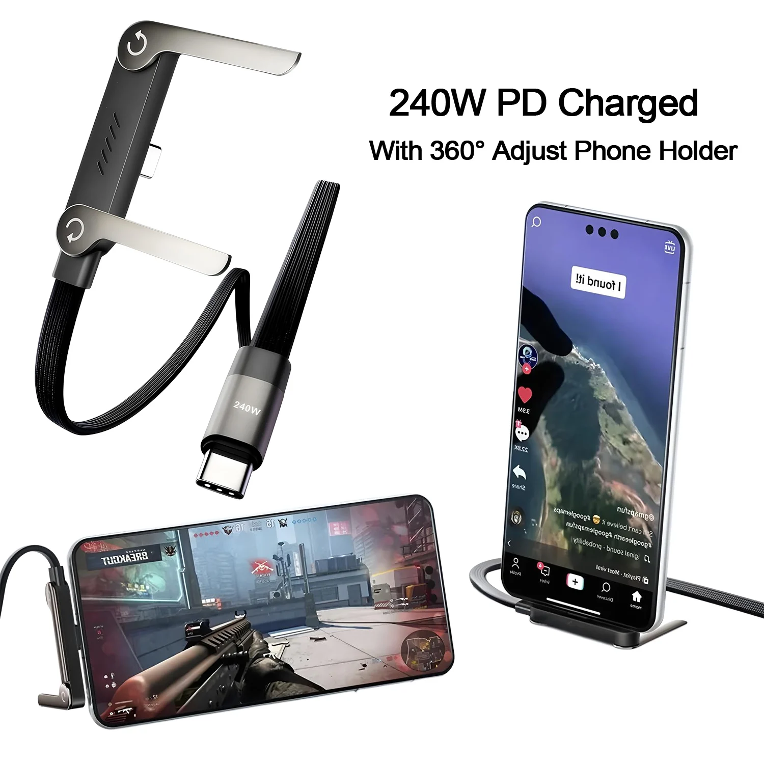 240W Folding Stand Data Cable 2-in-1 Fast Charging Phone Holder Braided Charging Cable Type-C To USB Phone Computer Universal