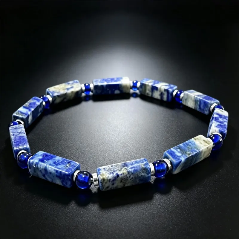 Vintage Style Lapis Lazuli Square Bead Memory Bracelet for WomenHandmade Elastic Rope Natural Stone Skin-Friendly Party Jewelry