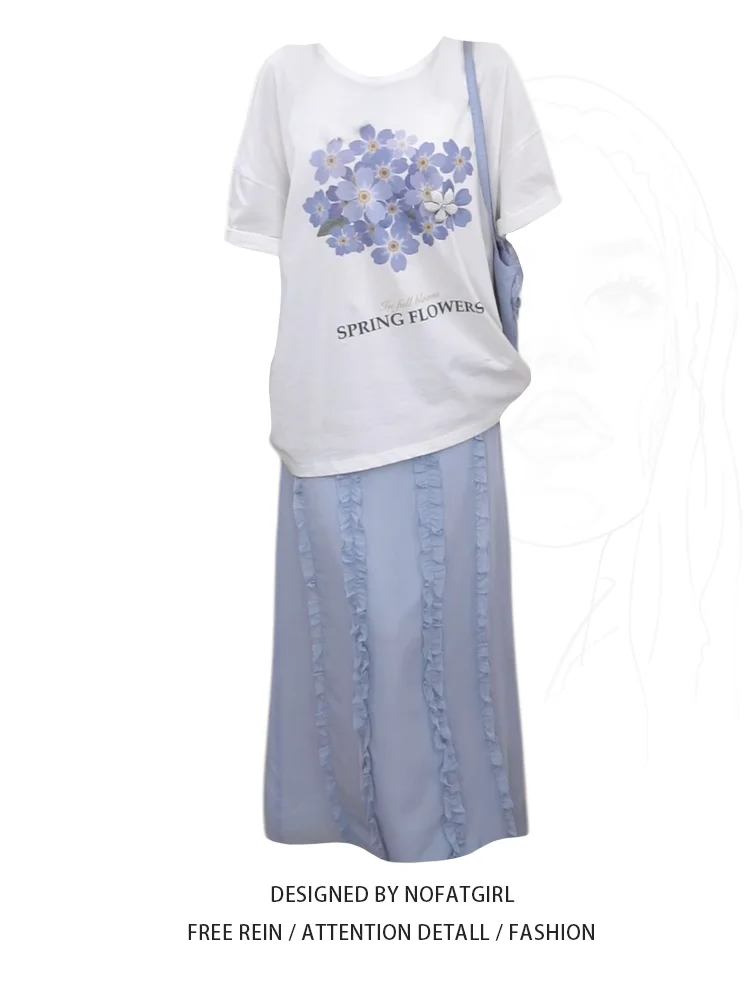 

plus Size Women's Korean Sle White Print ort Sve T-irt High Waist Long Skirt Summer Lazy Sle Anti-Aging Set Cotton...