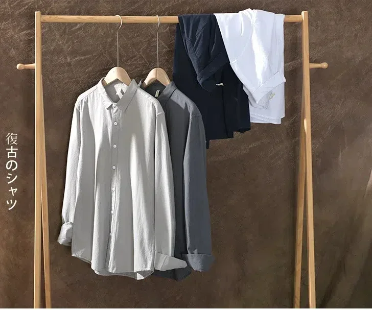 

Casual Pure Cotton Mens Long Sleeve Shirts Daily Versatile Shirt Lapel Solid Slim Fit Shirt Men Simple Tops Japan Style Clothes