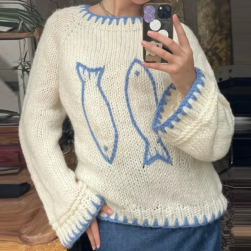 Y2K Ästhetischer Fisch Kontrastfarbe Warmer Pullover für Herbst Winter Strickwaren Strickpullover Vintage Langarm Pullover mit Rundhalsausschnitt