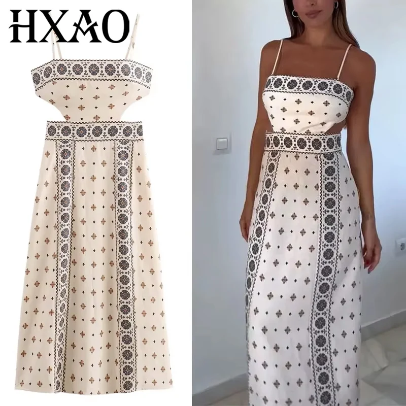 HXAO Cut Out Slip Dress Damen Boho Print Midi Kleider Sommer ärmellose lange Kleider Frau rückenfreie Strandurlaubskleider