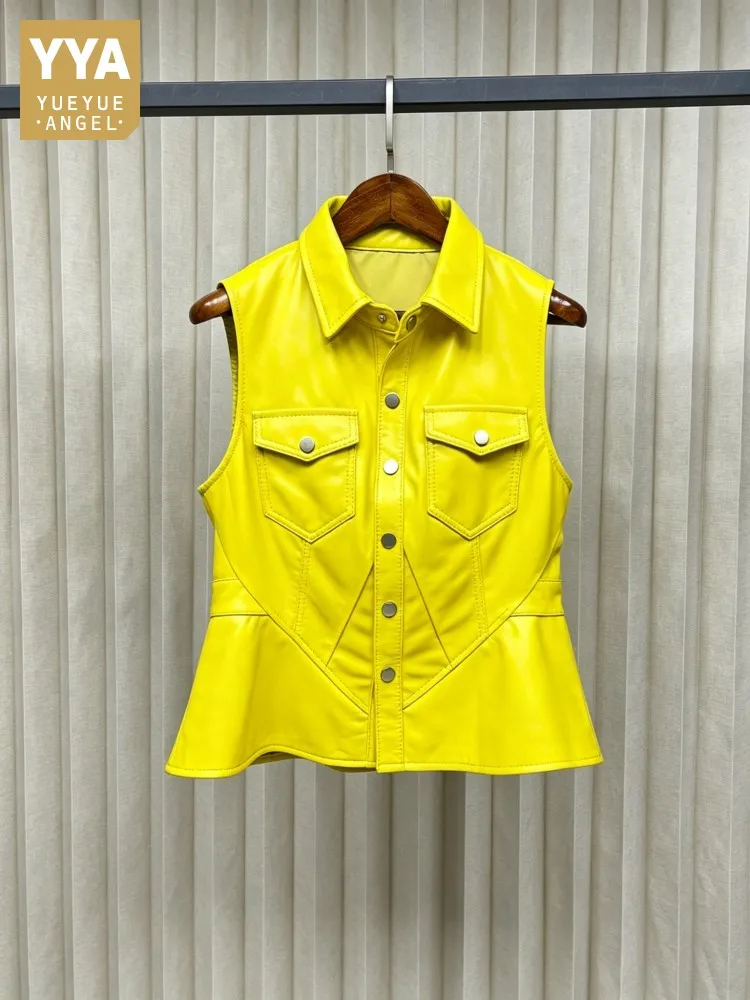 Women Causal Waistcoat Slim Fit Genuine Leather Sleeveless Jacket Streetwear High Waist Single Breasted Solid Sheepskin Vest
