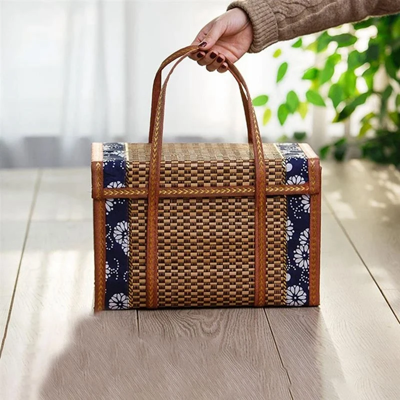 Picnic Woven Basket Wicker Storage Bag Handle Rattan Grass Foldable Bamboo Basket