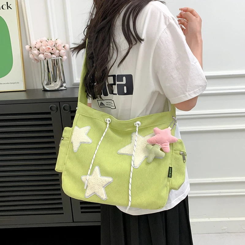 Large-Capacity Corduroy Commuter Student Cute Shoulder Crossbody Bag Five-Pointed Star Corduroy Tote Messenger Bag with Pendant