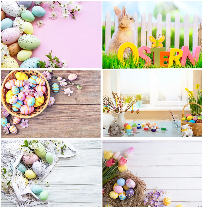 

Colorful Eggs Decor Easter Custom Backdrops Photographic For Baby Portrait Wooden Boards Flowers Backgrounds Studio Photocall