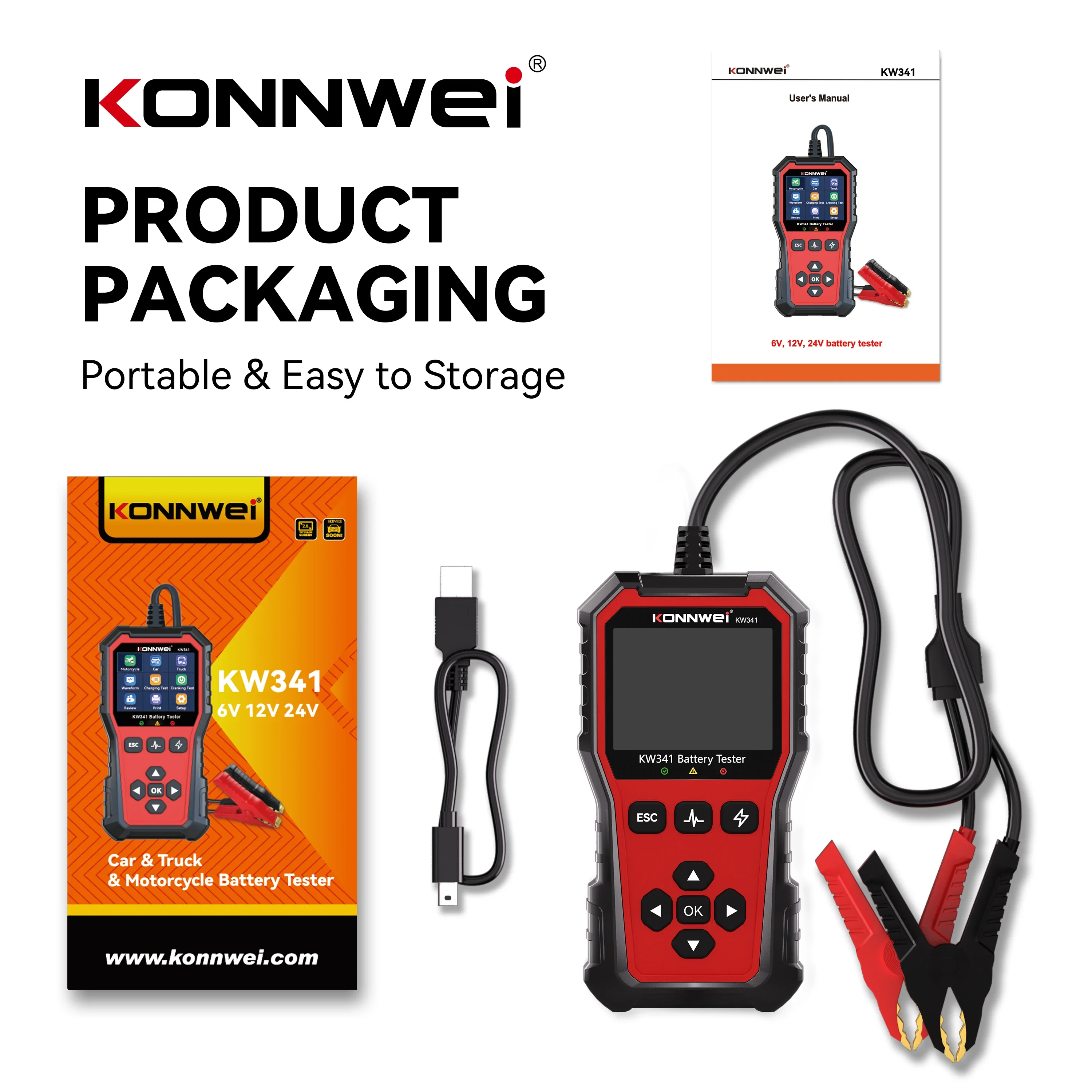 2026 KONNWEI KW341 Auto Moto Truck Batterij Tester 6V12V 24 V Fout Data Afdrukken Start Spanning Test Auto batterij Opladen Scan Tool
