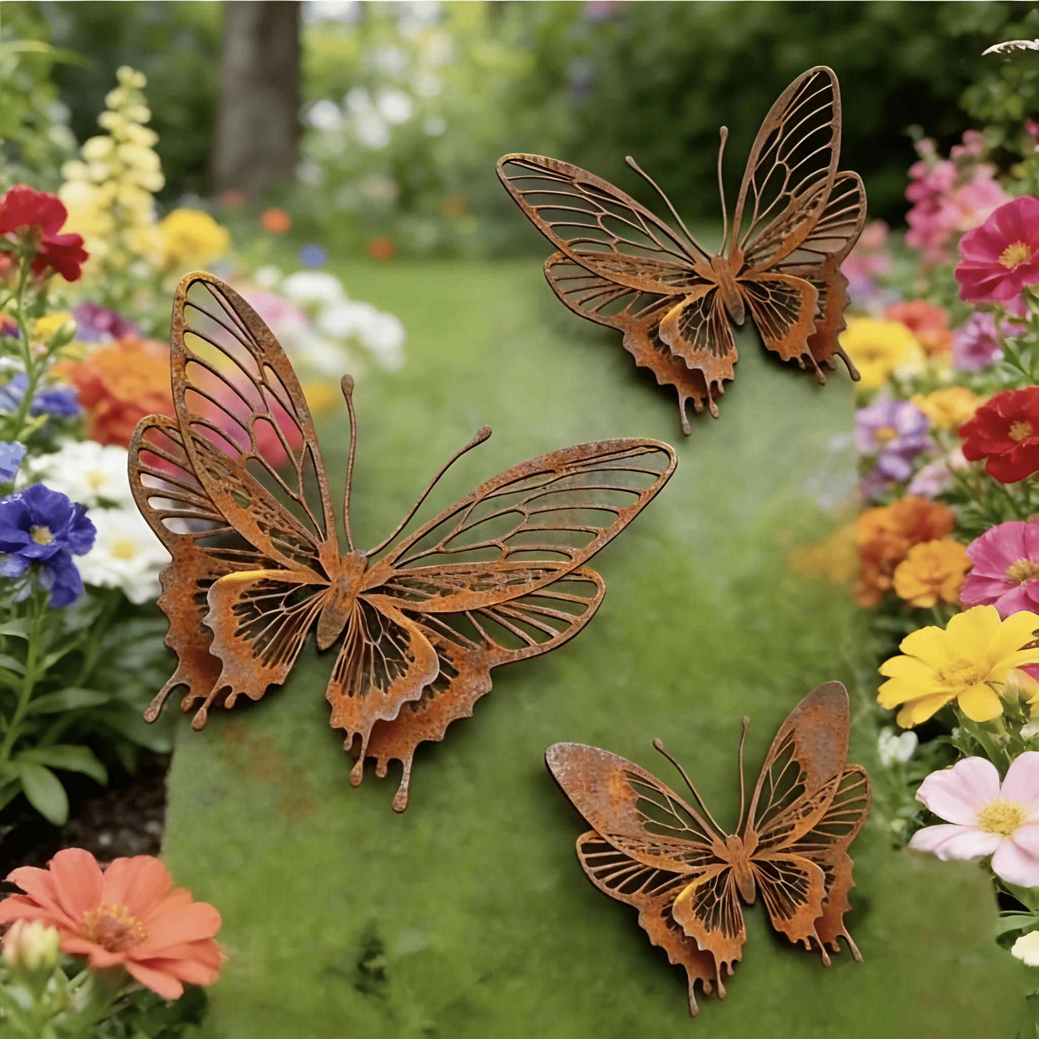 3D 3pcs Vintage Natural Rust-Colored Metal 8-Wing Butterfly Sculpture - Distressed Style, Freestanding Outdoor Garden Art Decor
