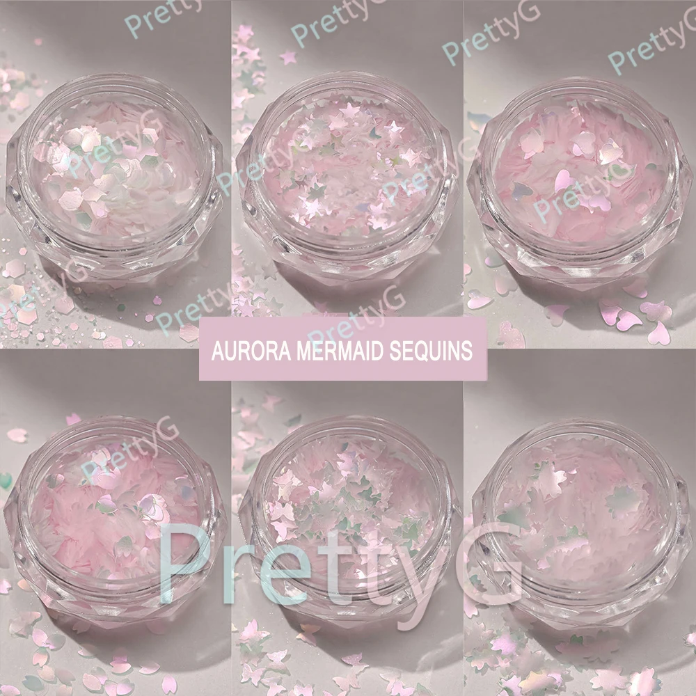

PrettyG 12 Colors Set Light Pink Aurora Mermaid Glitter Shape Color Shift Glitter Sequins For DIY Gel Nail Art Decoration