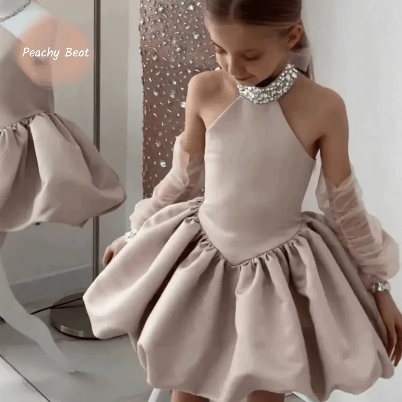 Baby Girl Princess Satin Halter Tutu Dress Toddler Child  Rhinestone Vestido Wedding Birthday Party Ball Gown Baby Clothes 1-12Y
