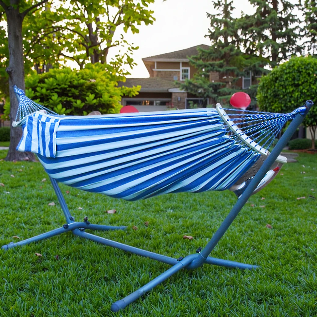 Hammock Outdoor Camping Hiking Picnic Barbecue Casual Lightweight Easy Storage Swing Thickened Cotton Qiqiu Rack Blue