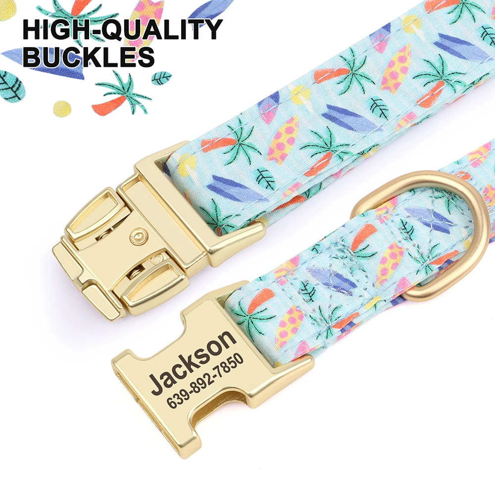 6 Colors Personalized Dog Collar Fashion Print Nylon Pet Collars With Flower Free Engraved Nameplate for Small Medium Large Dogs