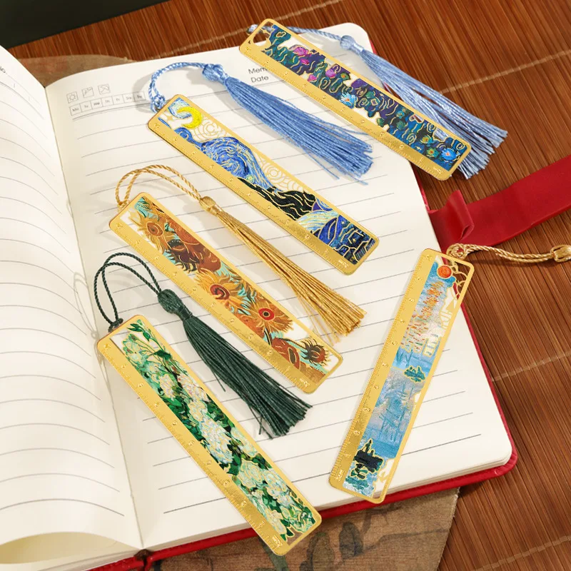 6Pcs Retro Oil Painting Metal Hollow Flower Bookmark Student Art Brass Ruler Bookmark Holiday Inspirational Gift Gift