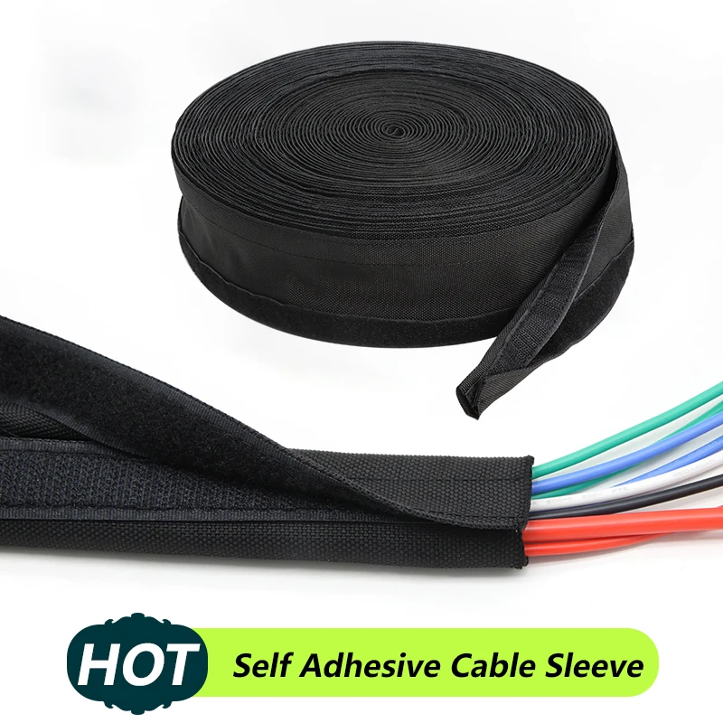 

Cable Sleeve Black Self Adhesive Organizer 16mm~100mm PET Braided Reusable Nylon Harness Sheath Management Wire Wrap Protection