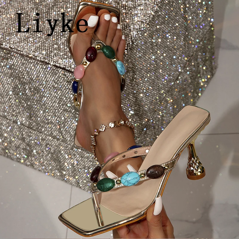 Liyke Women Low Heels Modern Slippers Sandals Fashion Color Gem Narrow Band Clip Toe Slides Shoes Summer Beach Party Flip Flops