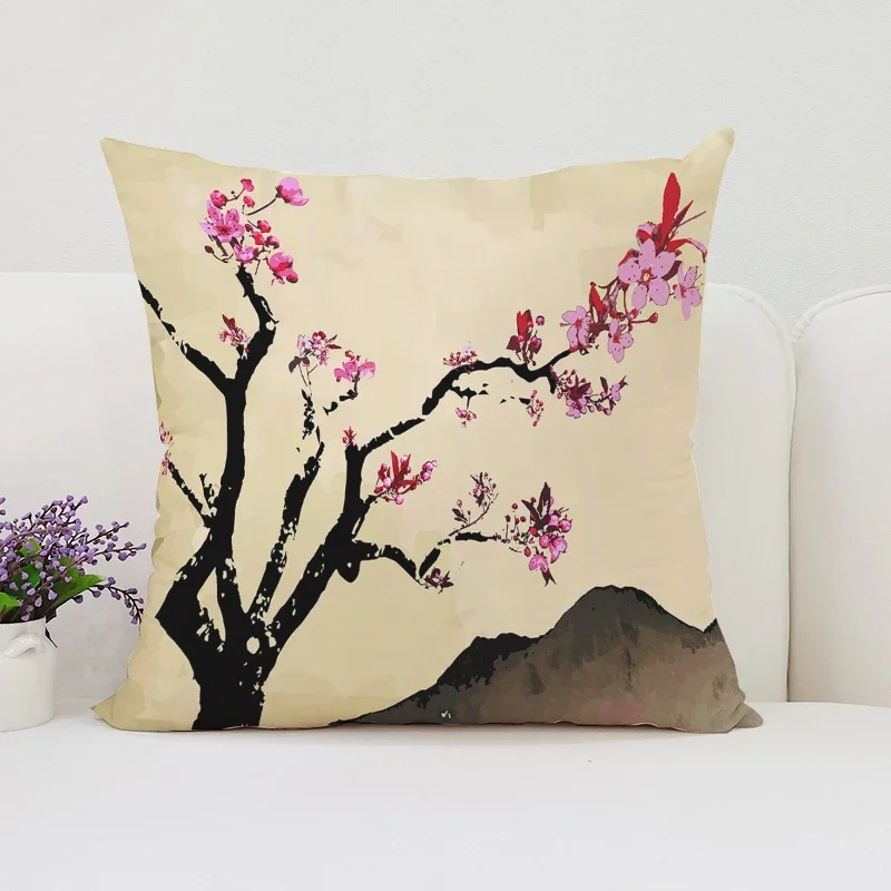 غطاء وسادة رمي زهر الكرز الياباني مع طباعة قطيفة قصيرة لتزيين أريكة غرفة المعيشة وغطاء وسادة