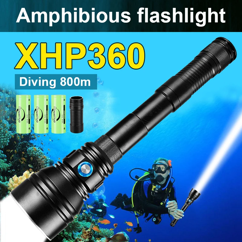 Newest Diving Flashlights XHP360 Professional Scuba Diving Torch Light Powerful Underwater Lamp XHP190 High Power LED Flashlight