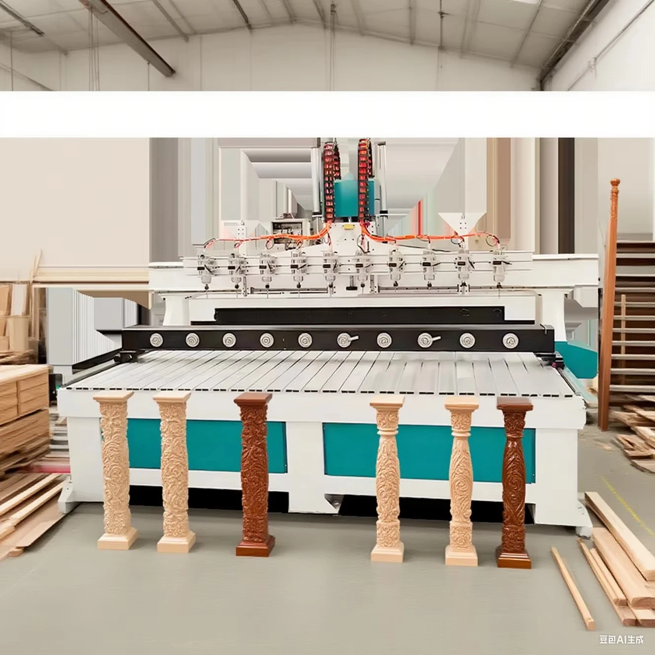 High Efficiency 4-axis Multi-head Woodworking CNC Engraving Machine with Rotating Table for Engraving Furniture Legs and Pillars
