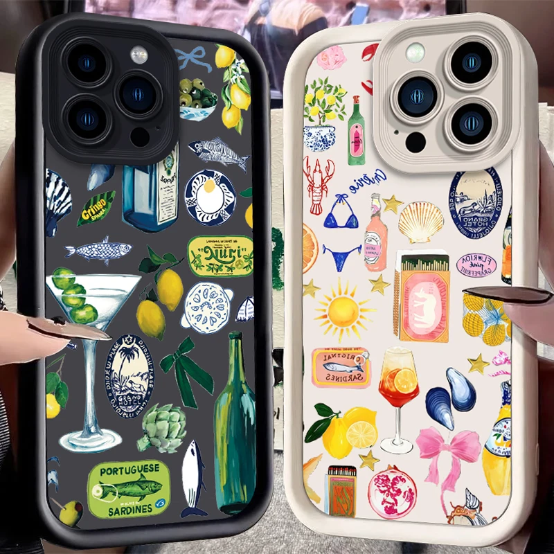 

Lemon Cocktail Case for iPhone 16 E 15 Pro Max 14 Plus 13 12 Mini 11 Pro Max XS X 8 7 SE Liquid Silicone Shockproof Back Cover