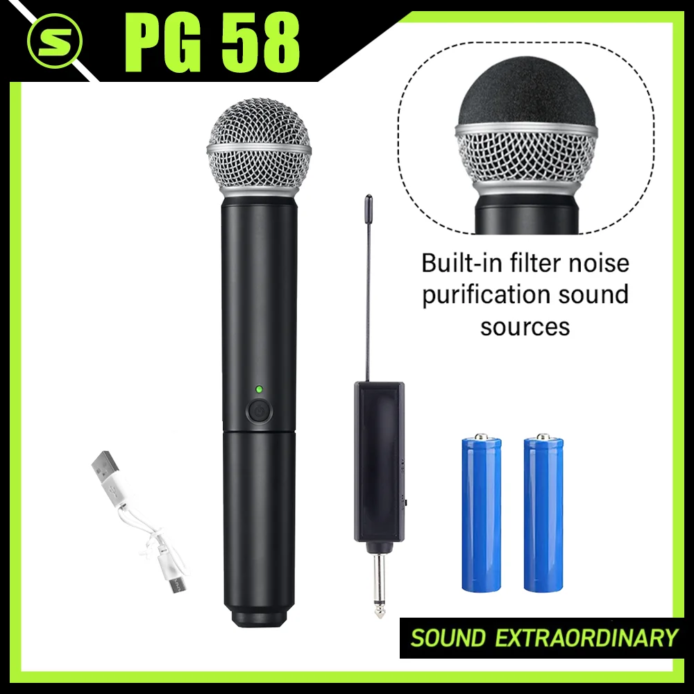Sistema con micrófono dinámico inalámbrico PG58 de mano inalámbrico con batería recargable y receptor para fiestas, Karaoke, espectáculos y reuniones