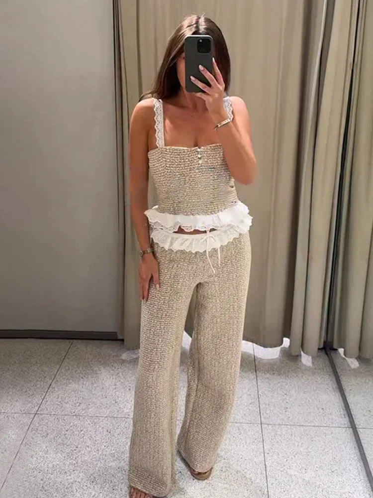 HH 2026 Women Pants Suit Summer Splicing Texture Single Breasted Sleeveless Short Top+Mid Waist Zipper Casual Slim Long Pants