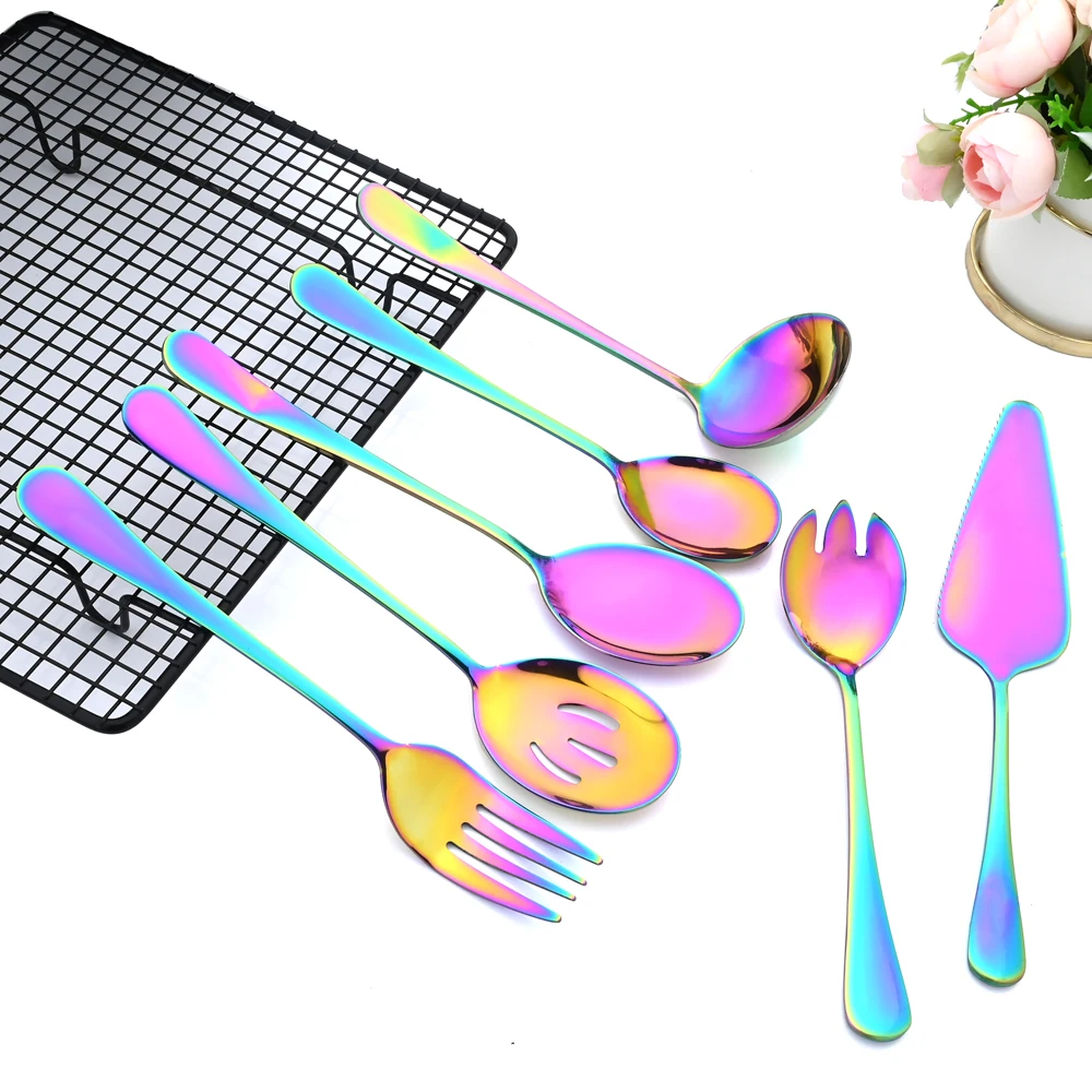 AJOYOUS Dinnerware Set Rainbow Tableware Stainless Steel Cutlery Salad Fork Spoon Service Spoon Soup Spoon Cake Shovel Kitchen