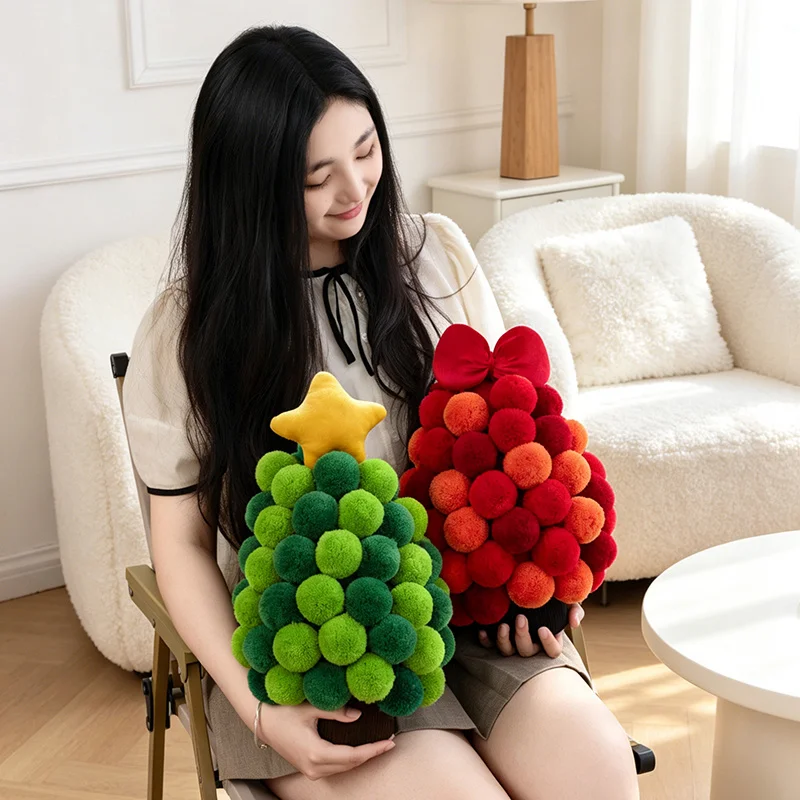 Cute Pom-pom Christmas Tree Plush Decorations Soft Fluffy Xmas Stuffed Doll Star Bow Design Tabletop Ornament New Year Holiday H