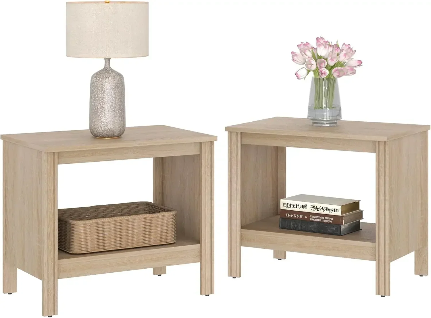 Nightstand Set of 2, Small Square End Tables for Living Room, 2-Tier Kids Bedside Table with Storage and Open Wood Shelf, 20 Inc