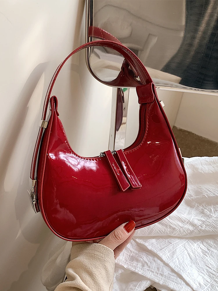 Korean Ins Style Red Patent Leather Women\'s Bag 2024 New Spring Versatile Shoulder Underarm Bags Lady Fashion Handbags